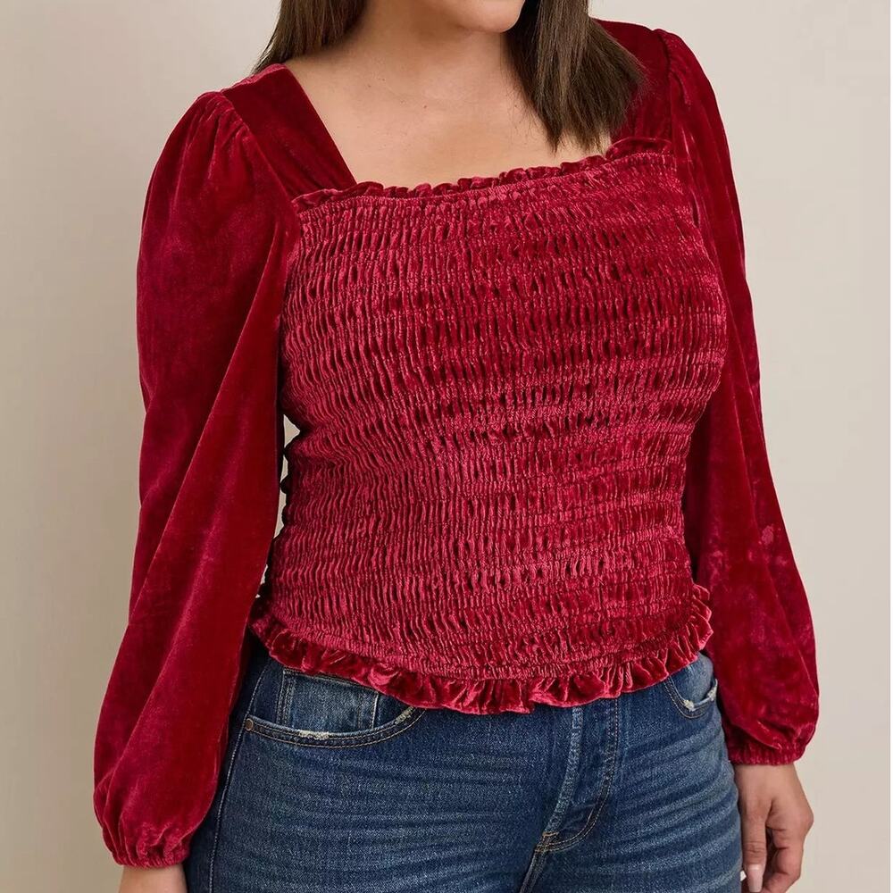 Torrid Women Velvet Smocked Crop Top Plus Size 3X Romantic Stretch Feminine Pink